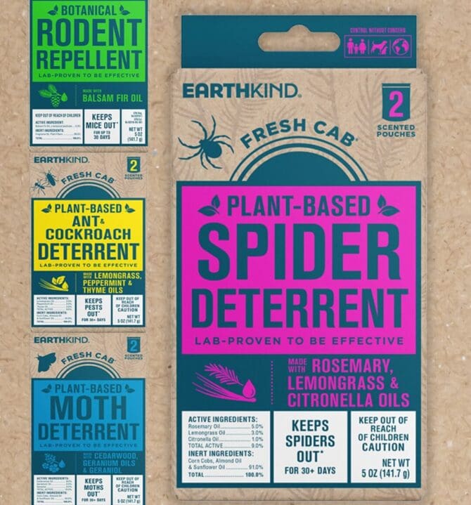 EarthKind plant-based spider deterrent packaging by SmashBrand. The packaging redesign agency drove a near 3× lift in purchase intent.