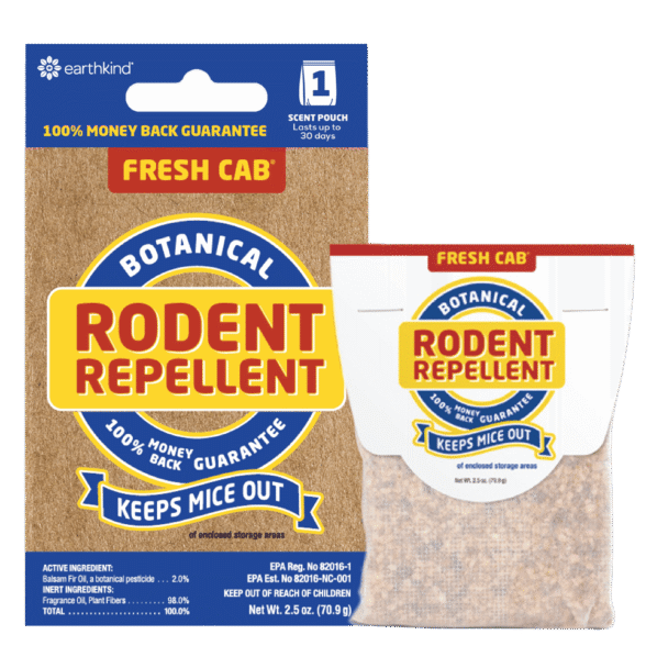 Box and pouch packaging for Fresh Cab botanical rodent repellent; keeps mice out of enclosed storage areas.