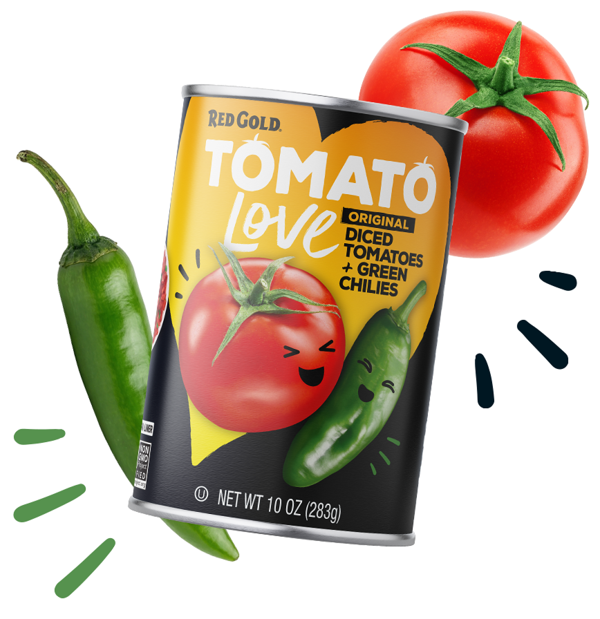 Canned Tomato Love diced tomatoes with green chilies, surrounded by real tomatoes and peppers on a white background.